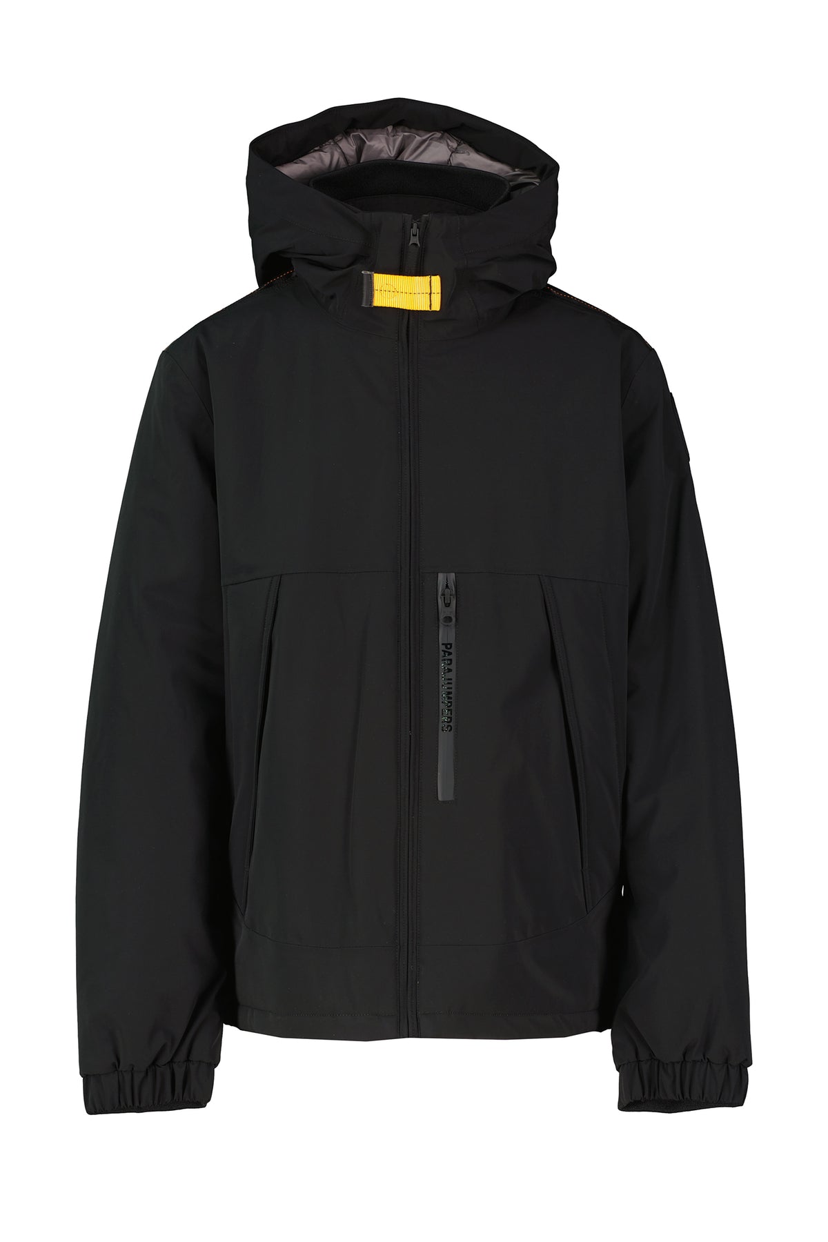 Black jacket with a yellow label on a white background