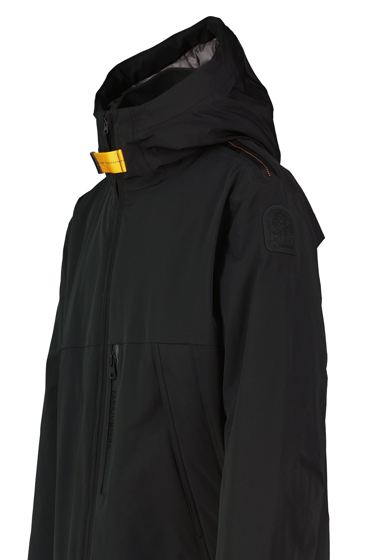 Black jacket with a gold zipper on a white background