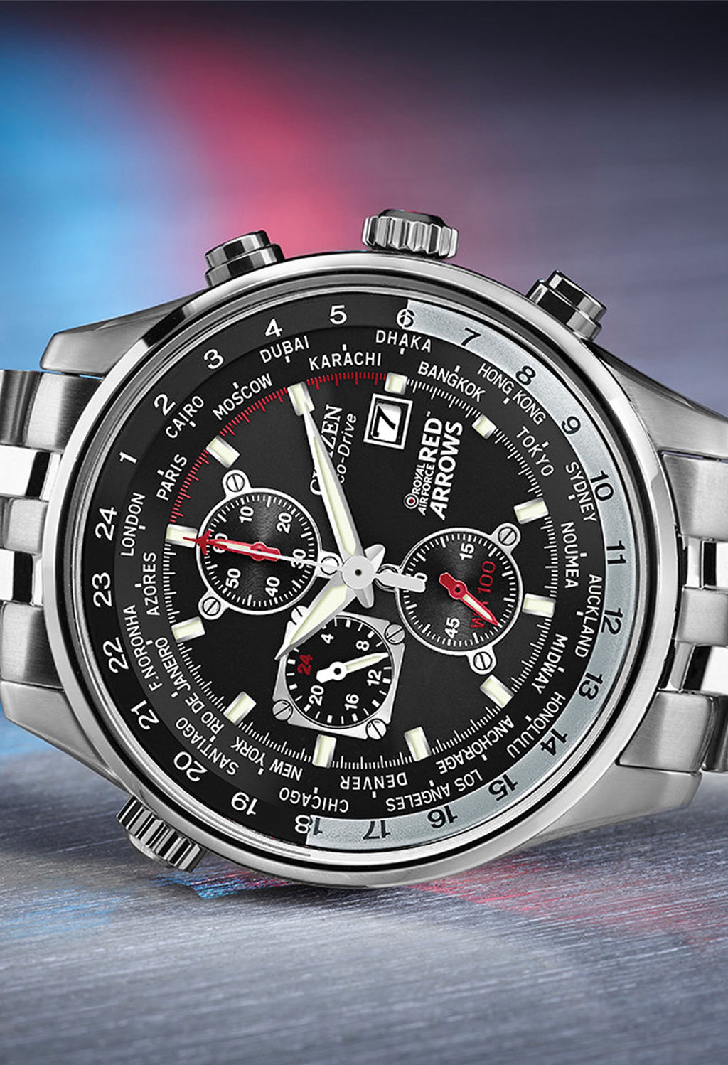 Citizen Red Arrows World Timer watch face showing different global time zones.