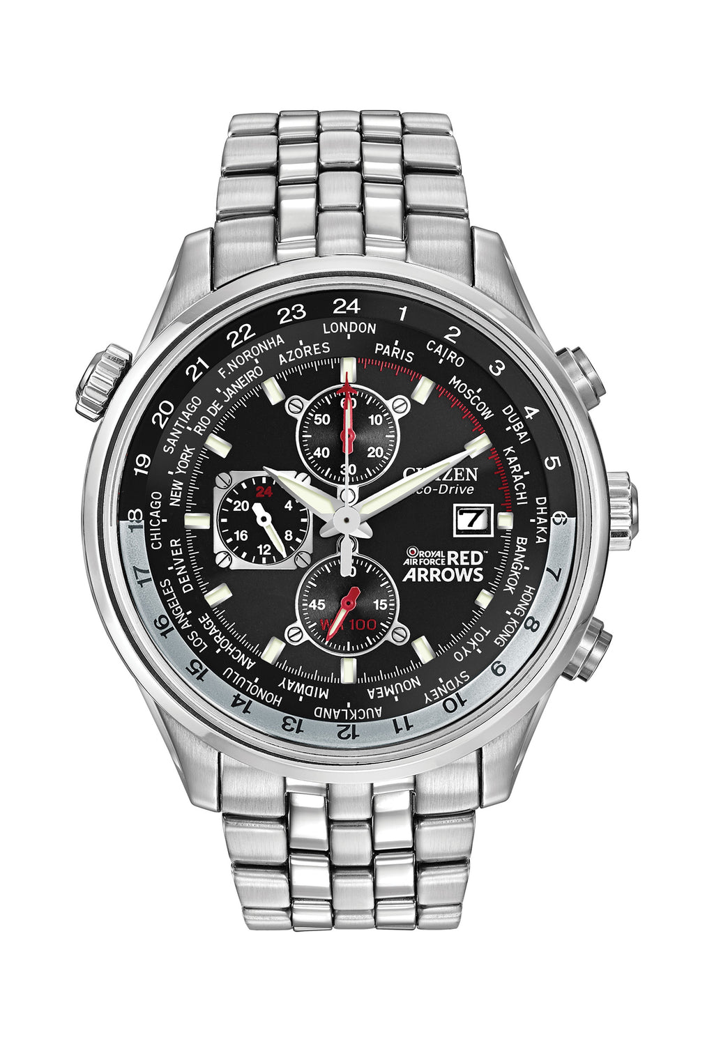 Citizen Red Arrows World Timer watch showcasing timezones and subdials, highlighting complex watch functionality.