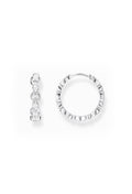 Silver Thomas Sabo hoop earrings with cubic zirconia stones. Elegant jewelry detail, showcased against a white background.