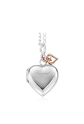Clogau Cariad Heart Locket in sterling silver with rose gold accent. Keepsake jewelry for cherished photos.