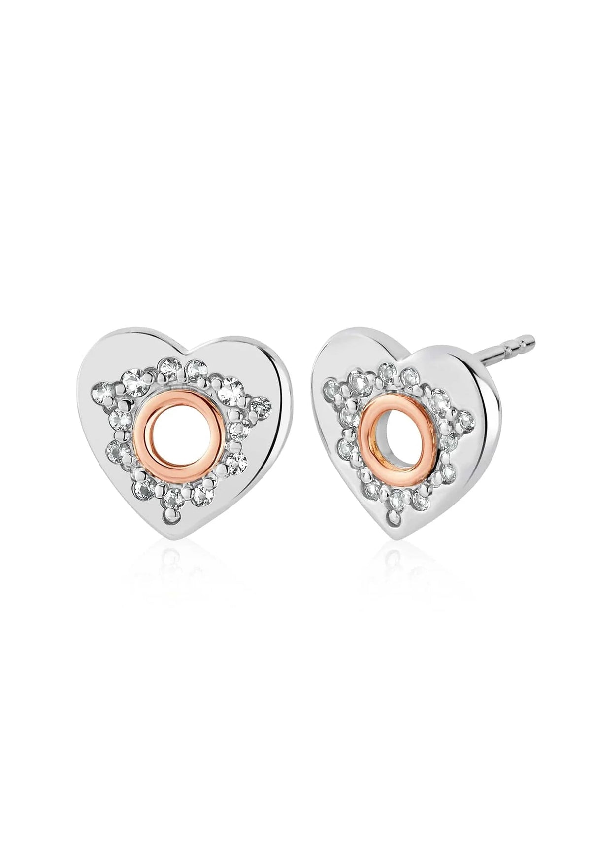 Sterling silver heart stud earrings with white topaz and rose gold details, showcasing Clogau's Cariad design.
