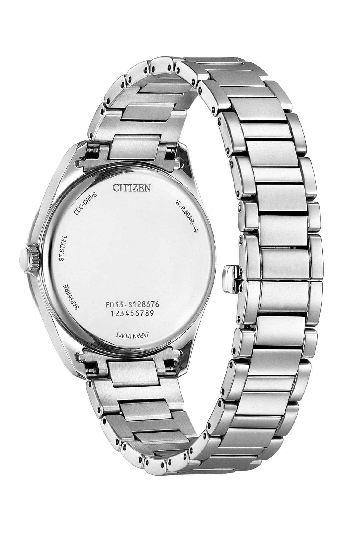 Citizen watch back showing Eco-Drive technology, serial number E033-S128676, & stainless steel construction.