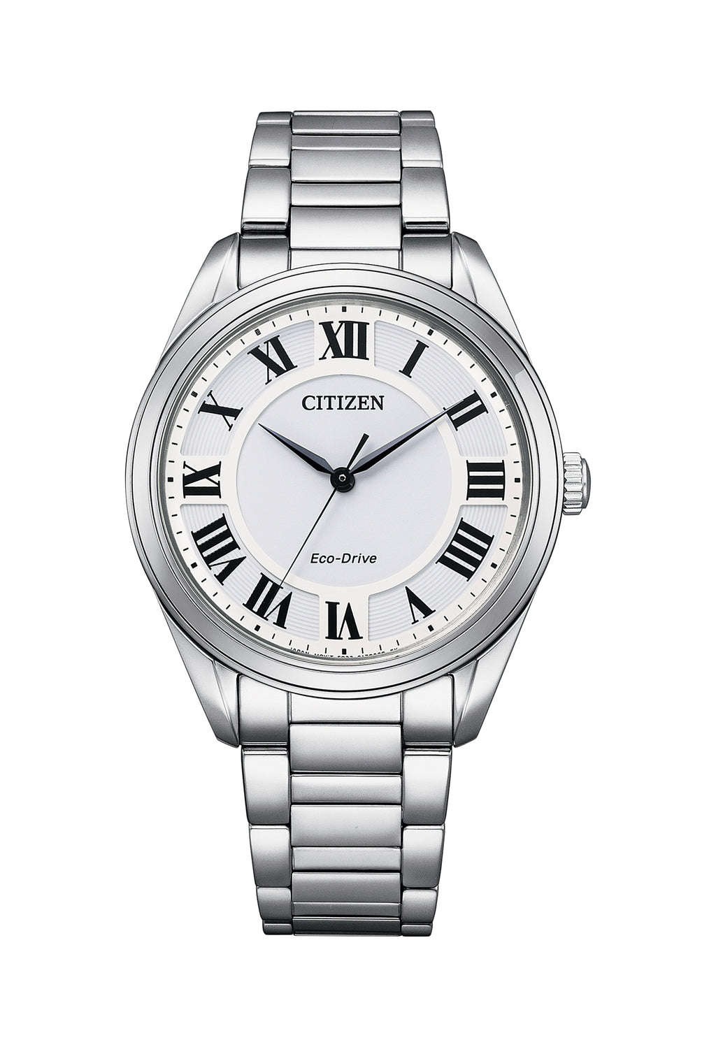 Close-up of Citizen Eco-Drive watch showcasing its stainless steel band, white Roman numeral dial, and elegant design.