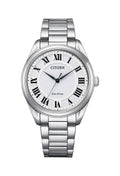 Close-up of Citizen Eco-Drive watch showcasing its stainless steel band, white Roman numeral dial, and elegant design.