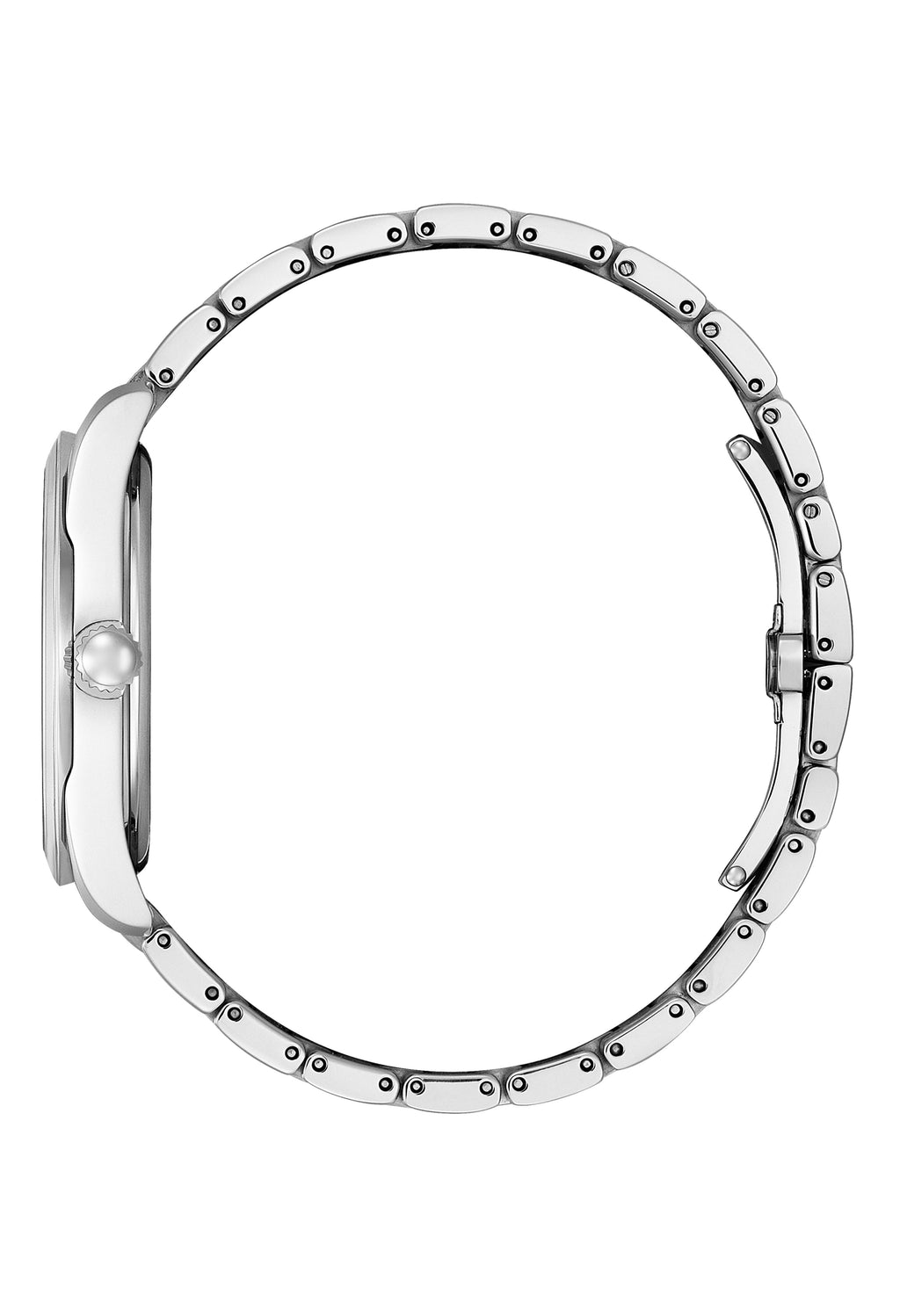 Side view of a Citizen Eco Drive watch showcasing the stainless steel band, clasp, case, crown, and white Roman numeral dial.