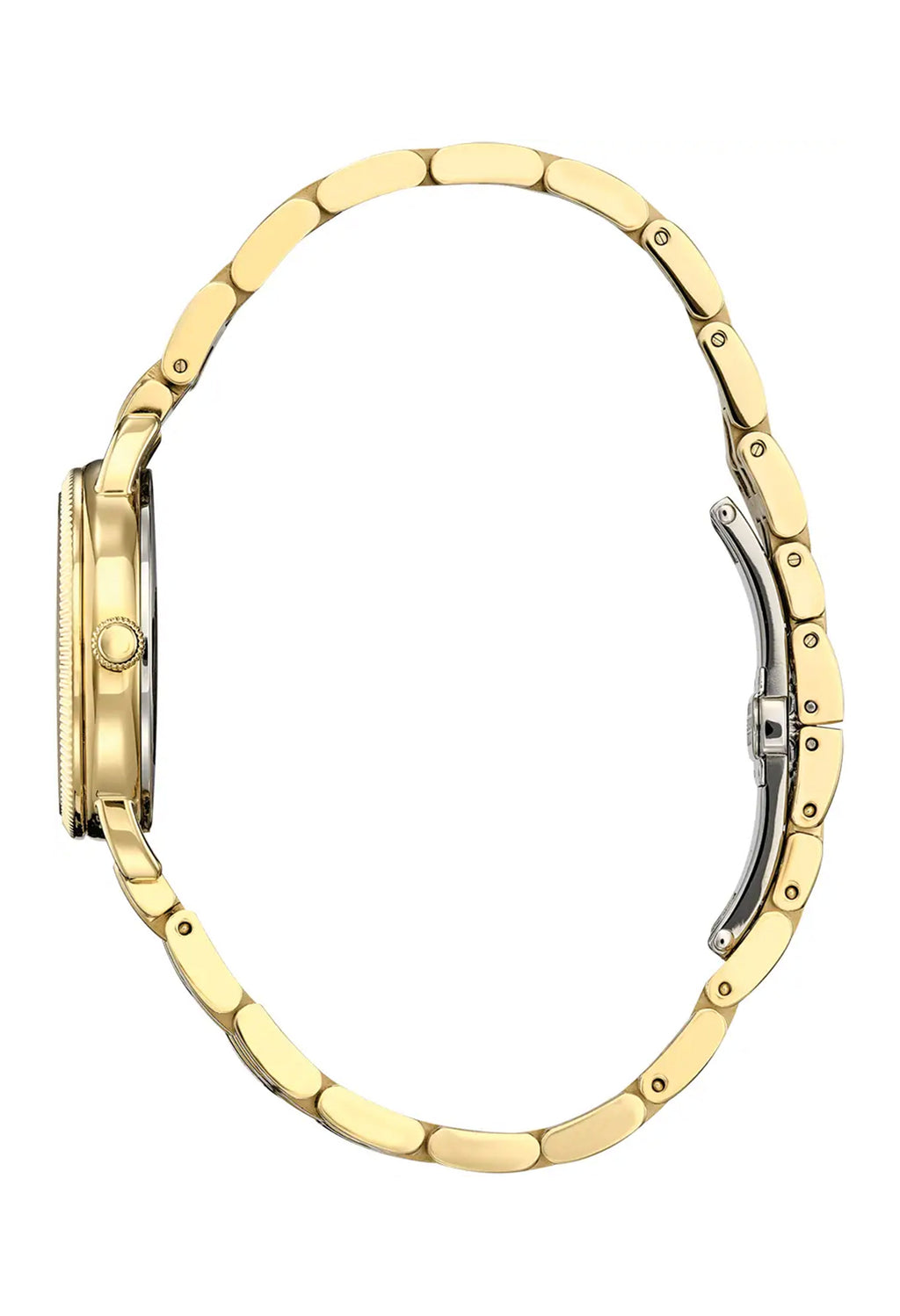 Side profile of the gold Citizen Eco Drive watch highlighting the Roman numeral dial and bracelet design.