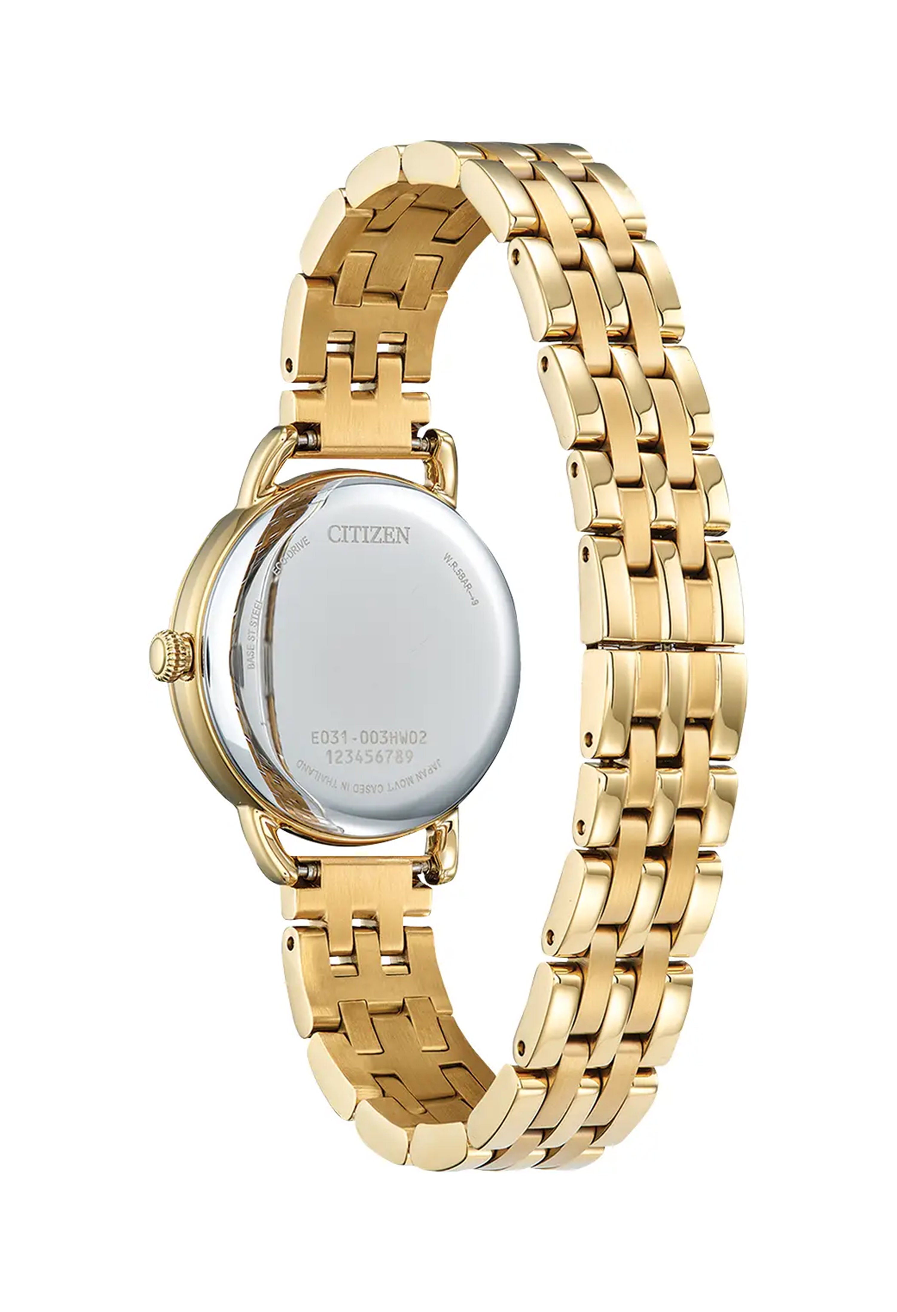 Back of a Citizen Eco Drive gold watch with a gold plated bracelet, showing model number E031-003HW02 and Citizen logo.