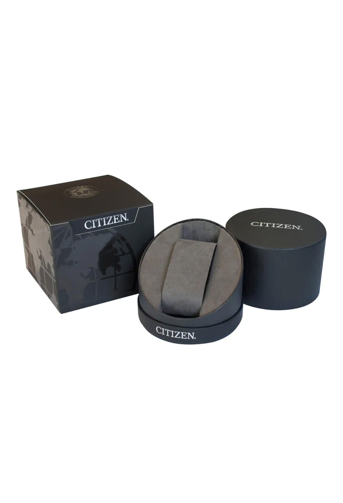 Citizen watch presentation box set with square box, holder, and circular lid.