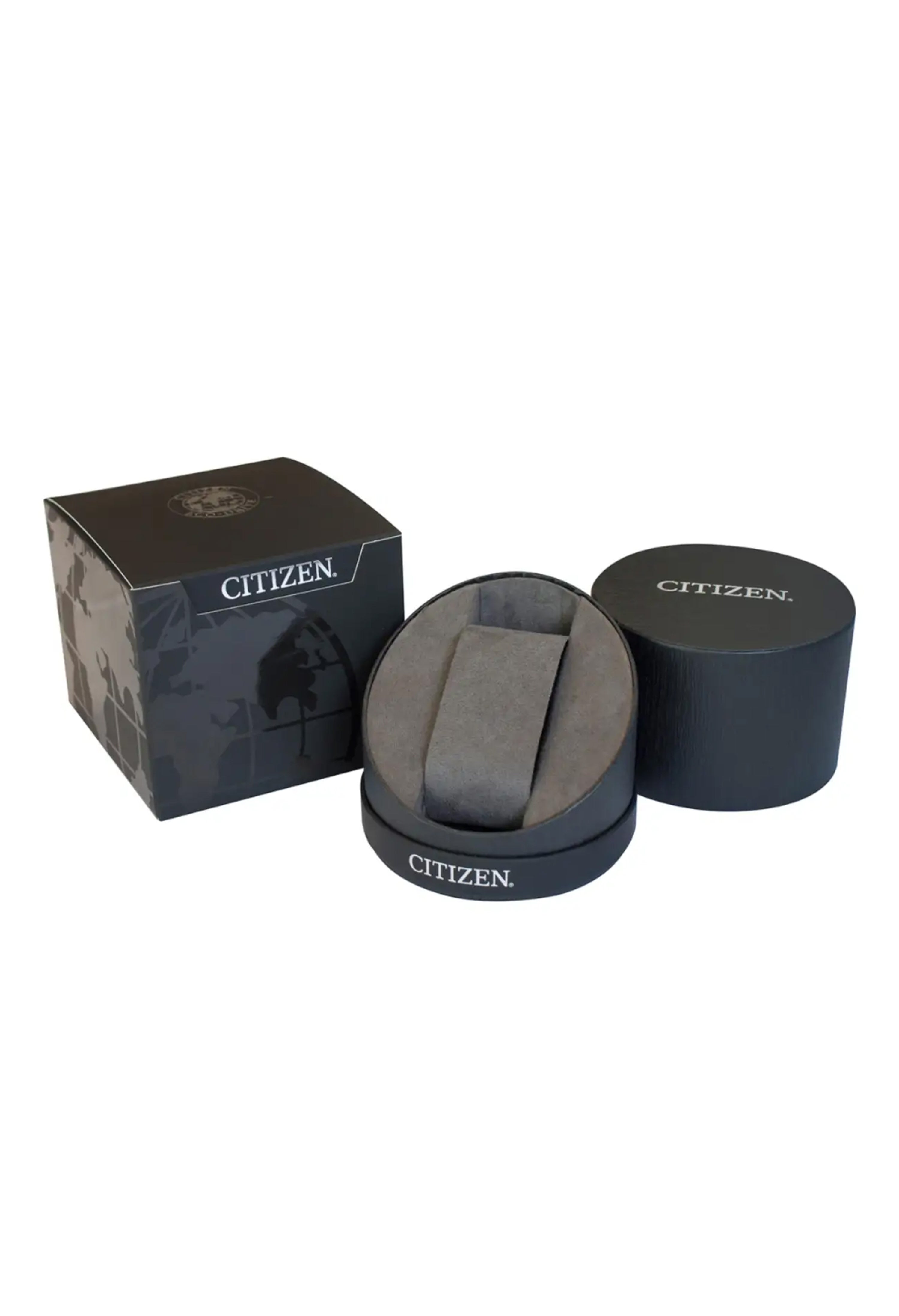 Citizen watch presentation box set with square box, holder, and circular lid.
