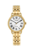 Close-up of Citizen Eco Drive gold watch showcasing roman numeral dial and gold-plated bracelet design.
