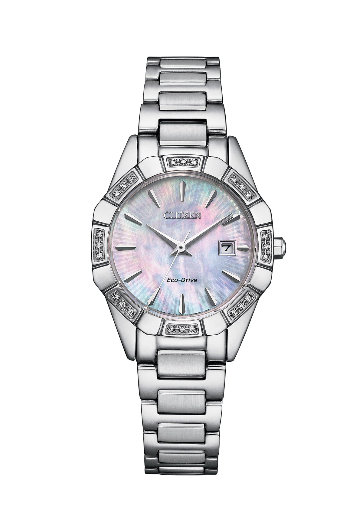 Close-up of the Citizen Ladies Eco Drive watch featuring a mother-of-pearl dial, diamond bezel, and stainless steel band.