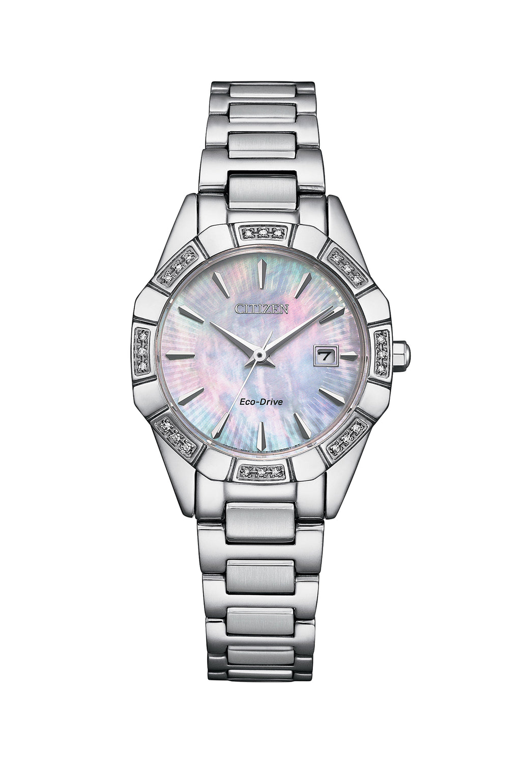 Close-up of the Citizen Ladies Eco Drive watch featuring a mother-of-pearl dial, diamond bezel, and stainless steel band.