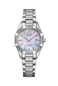 Close-up of the Citizen Ladies Eco Drive watch featuring a mother-of-pearl dial, diamond bezel, and stainless steel band.