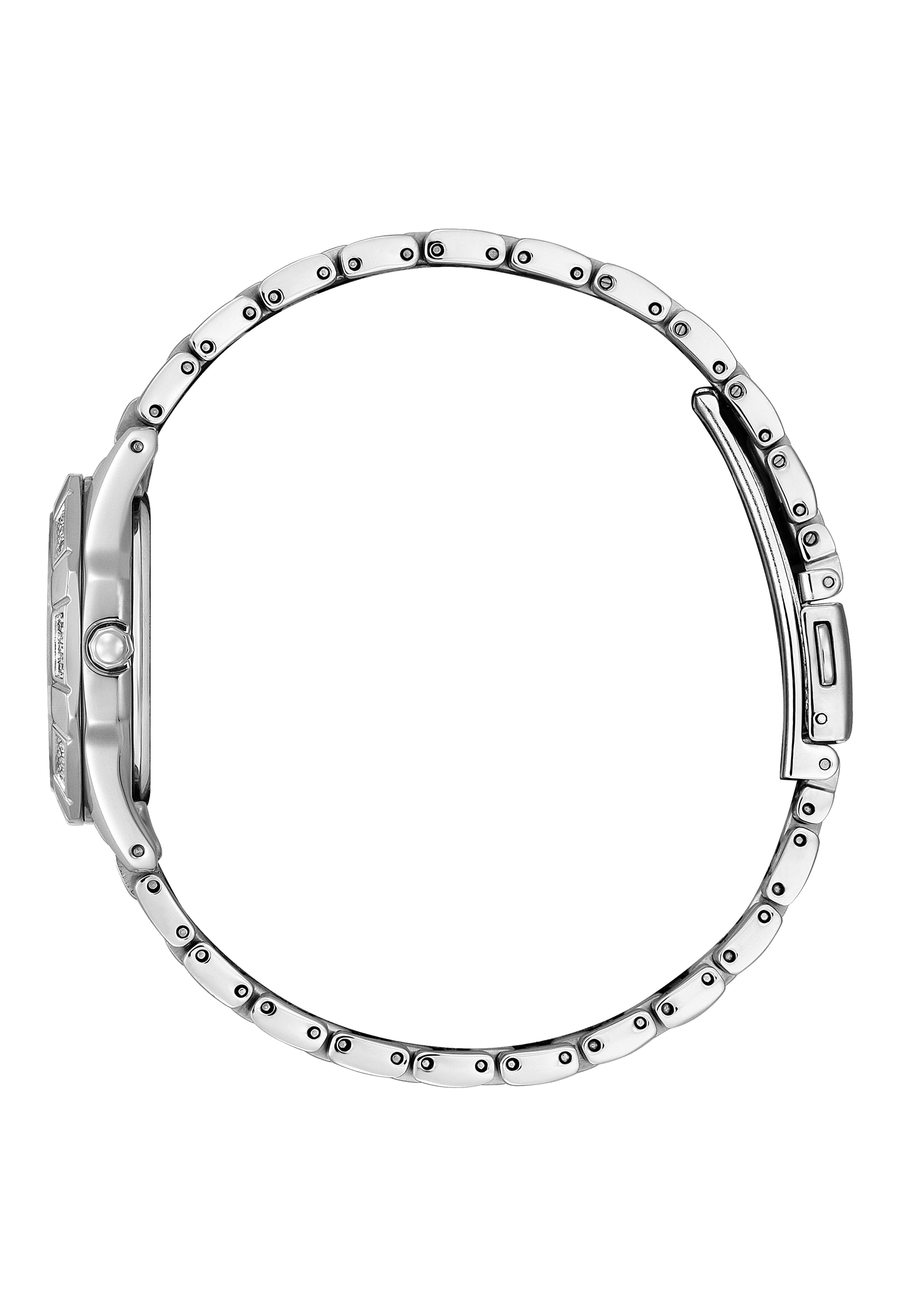 Side view of Citizen Eco Drive watch showing mother-of-pearl dial, diamond bezel, and stainless steel bracelet.