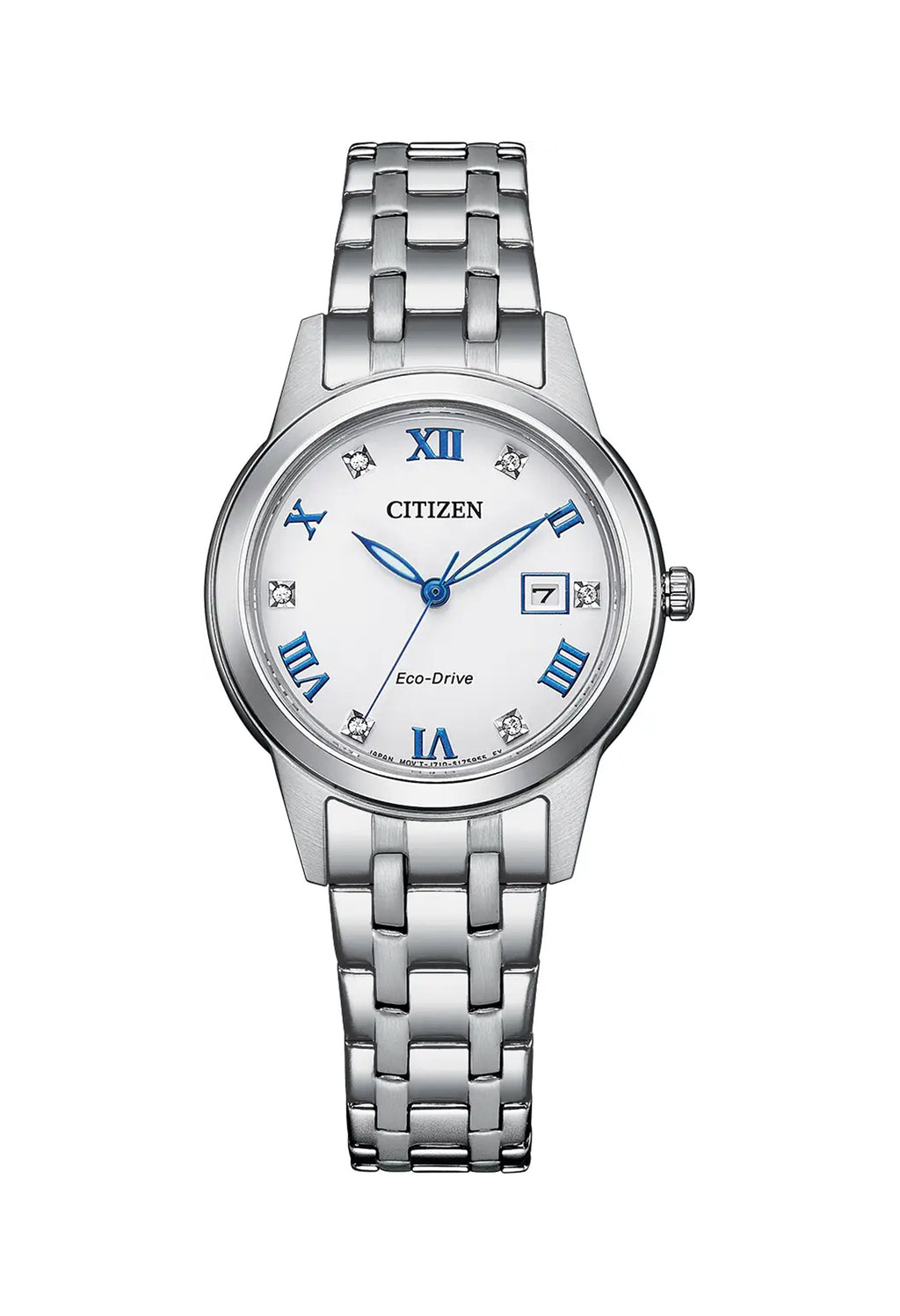 Citizen Eco Drive ladies watch featuring a silver bracelet, Roman numeral markers, and crystal accents.