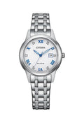 Citizen Eco Drive ladies watch featuring a silver bracelet, Roman numeral markers, and crystal accents.
