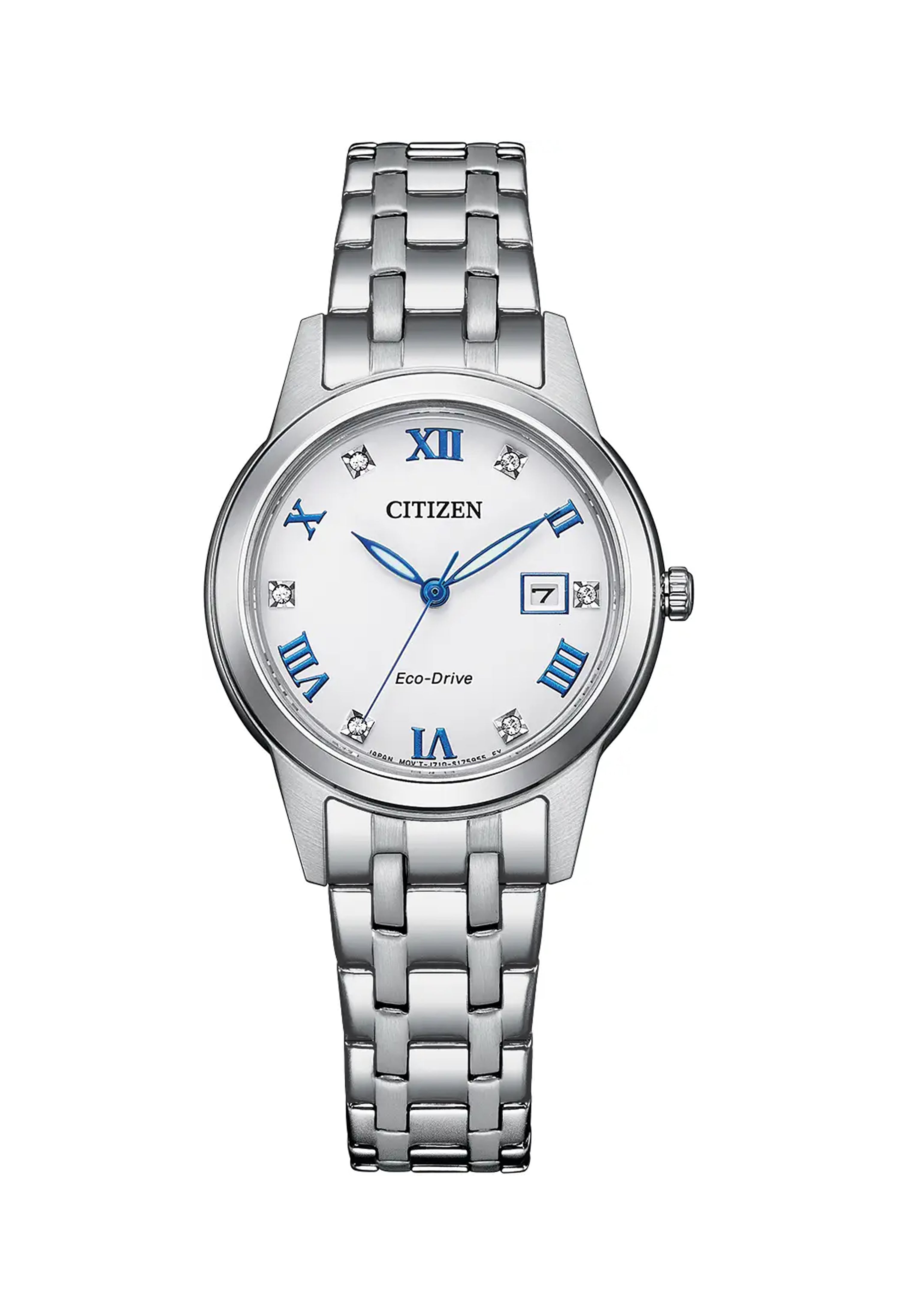 Citizen Eco Drive ladies watch featuring a silver bracelet, Roman numeral markers, and crystal accents.