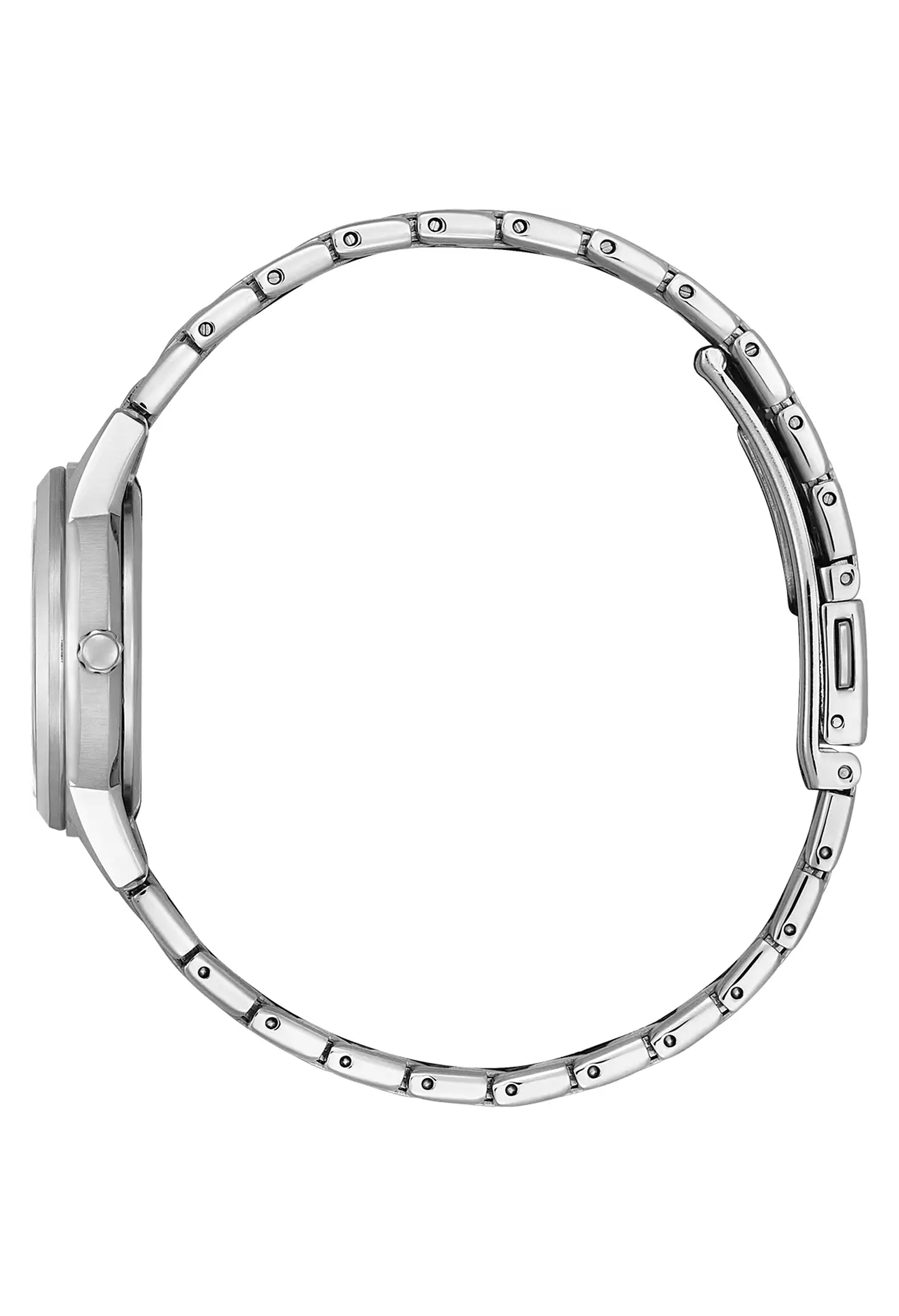 Side view of the Citizen Silhouette Crystal watch showing the stainless steel bracelet and watch face detail.