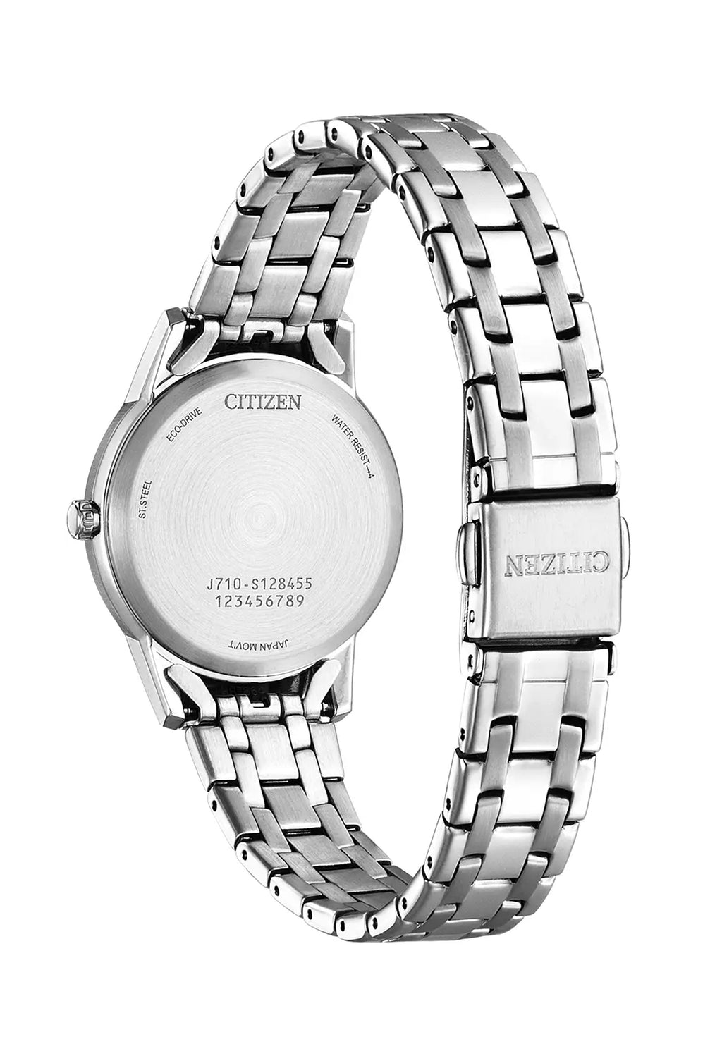 Close-up of Citizen Eco Drive ladies watch back, showing model number J710-S128455, crystal bracelet, and Eco-Drive