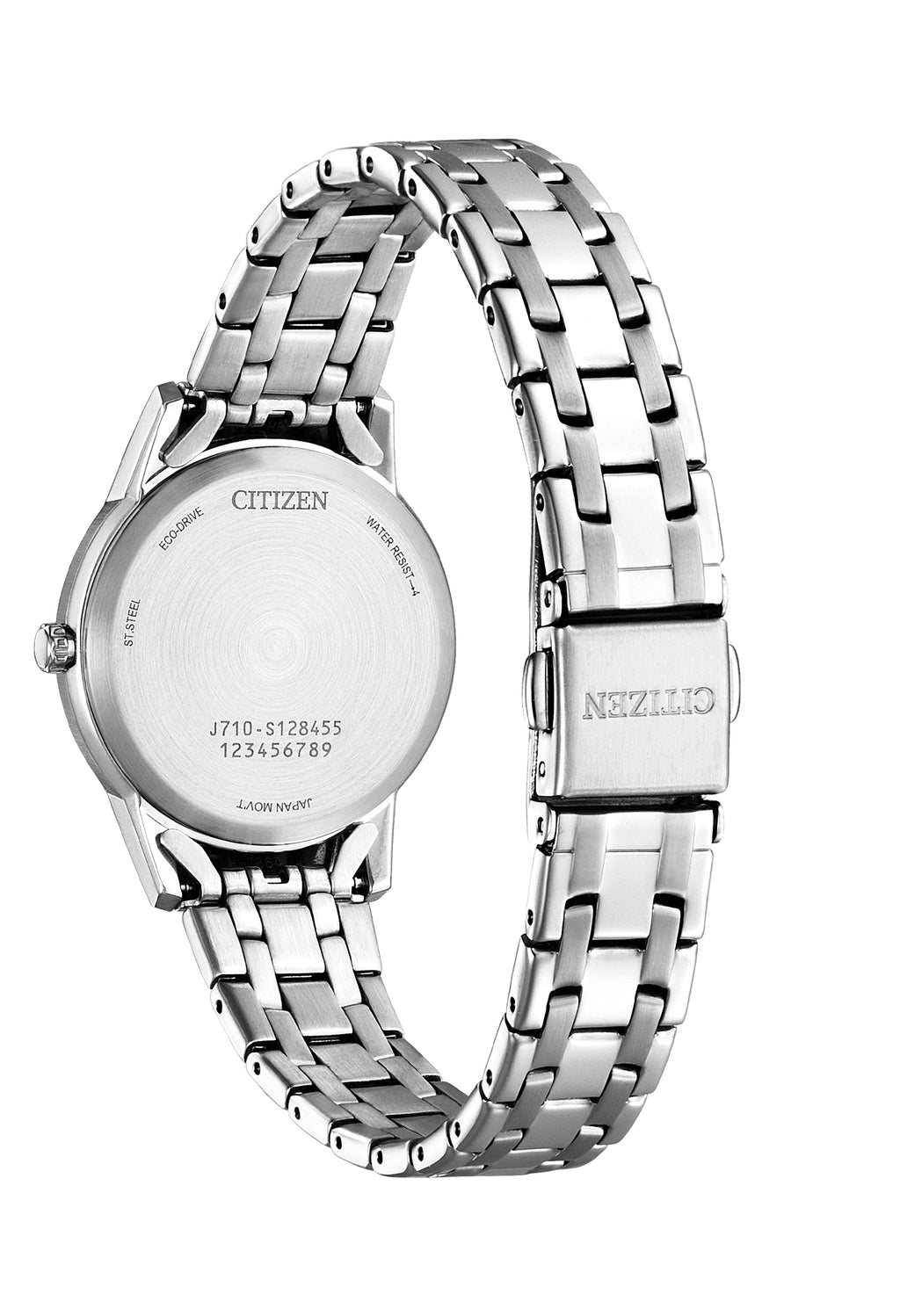 Citizen Ladies Eco-Drive watch back view showing model number J710-S128455 and stainless steel band with clasp.