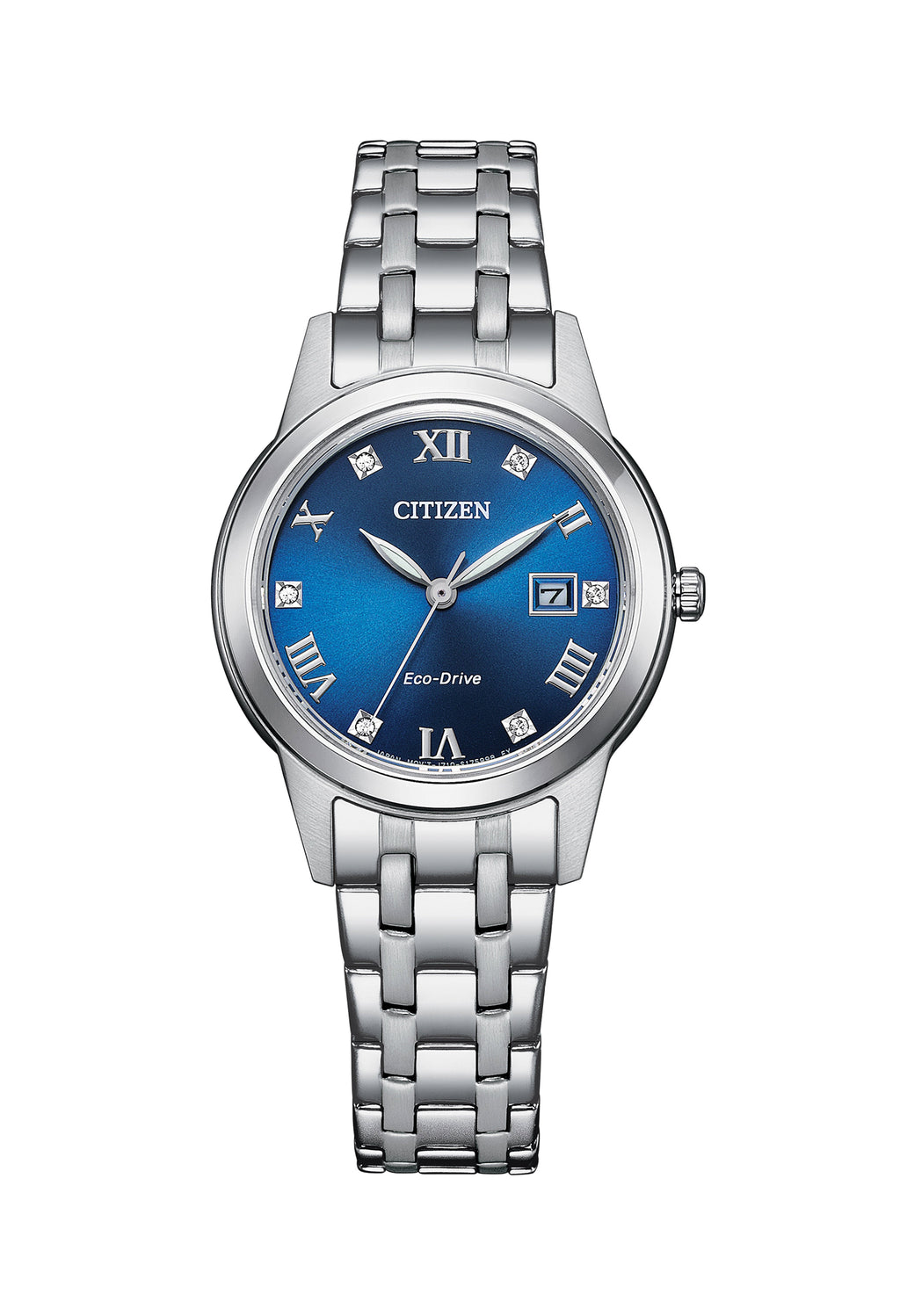 Close-up of the Citizen Ladies Eco-Drive watch showcasing its blue dial, diamond hour markers, & stainless steel bracelet.