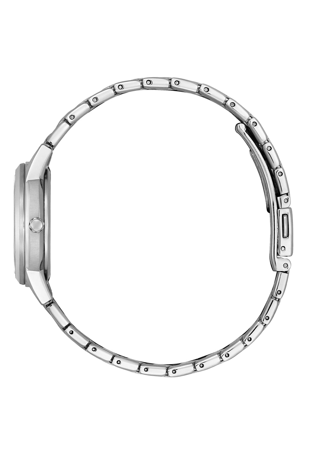 Close-up of the Citizen Eco-Drive ladies watch showing the stainless steel bracelet and side view of the blue dial.