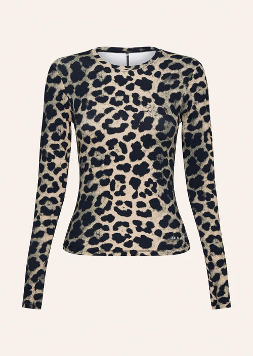 Leopard print long-sleeve top on a beige background