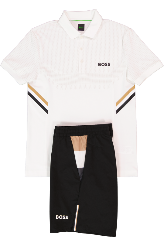 Mens BOSS Green White Paule TOC Polo Shirt & BOSS Green Black S_T-Match 9 inch Shorts Set