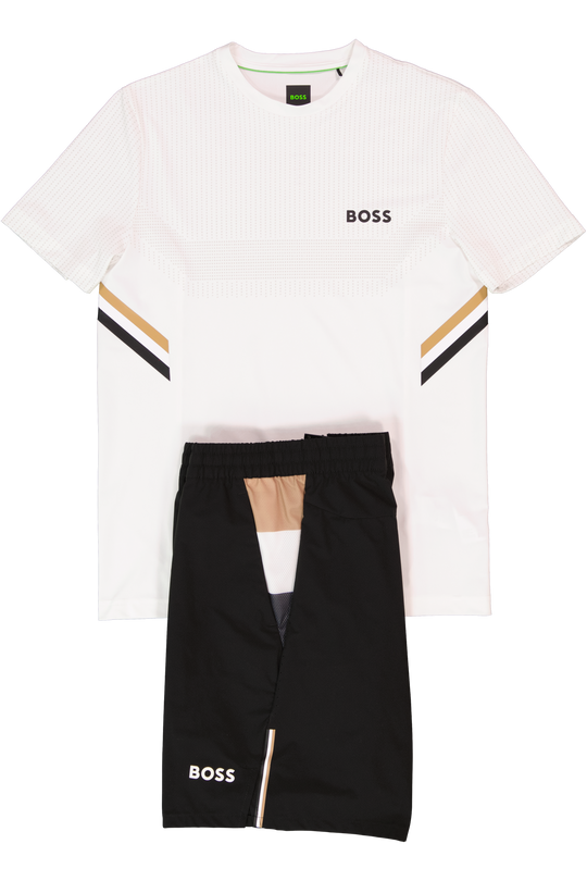 Mens BOSS Green Tee Tec TOC White T Shirt & BOSS Green Black S_T-Match 9 inch Shorts