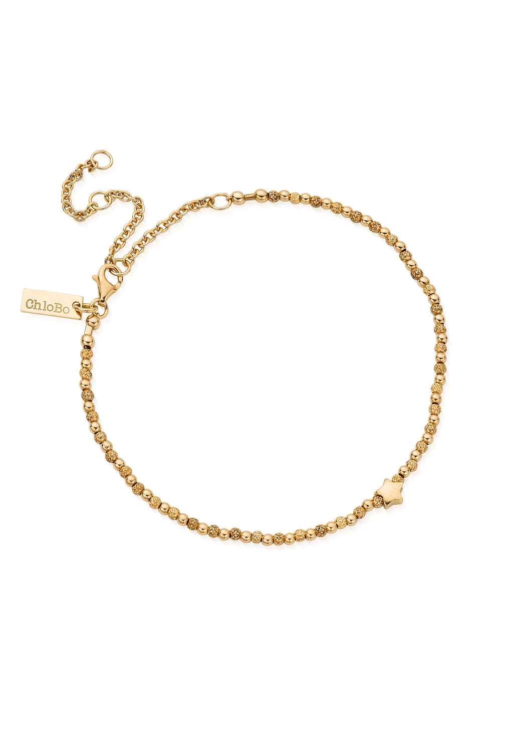 Gold-plated ChloBo star anklet showcasing delicate beadwork and signature branded tag; a stylish jewelry accessory.