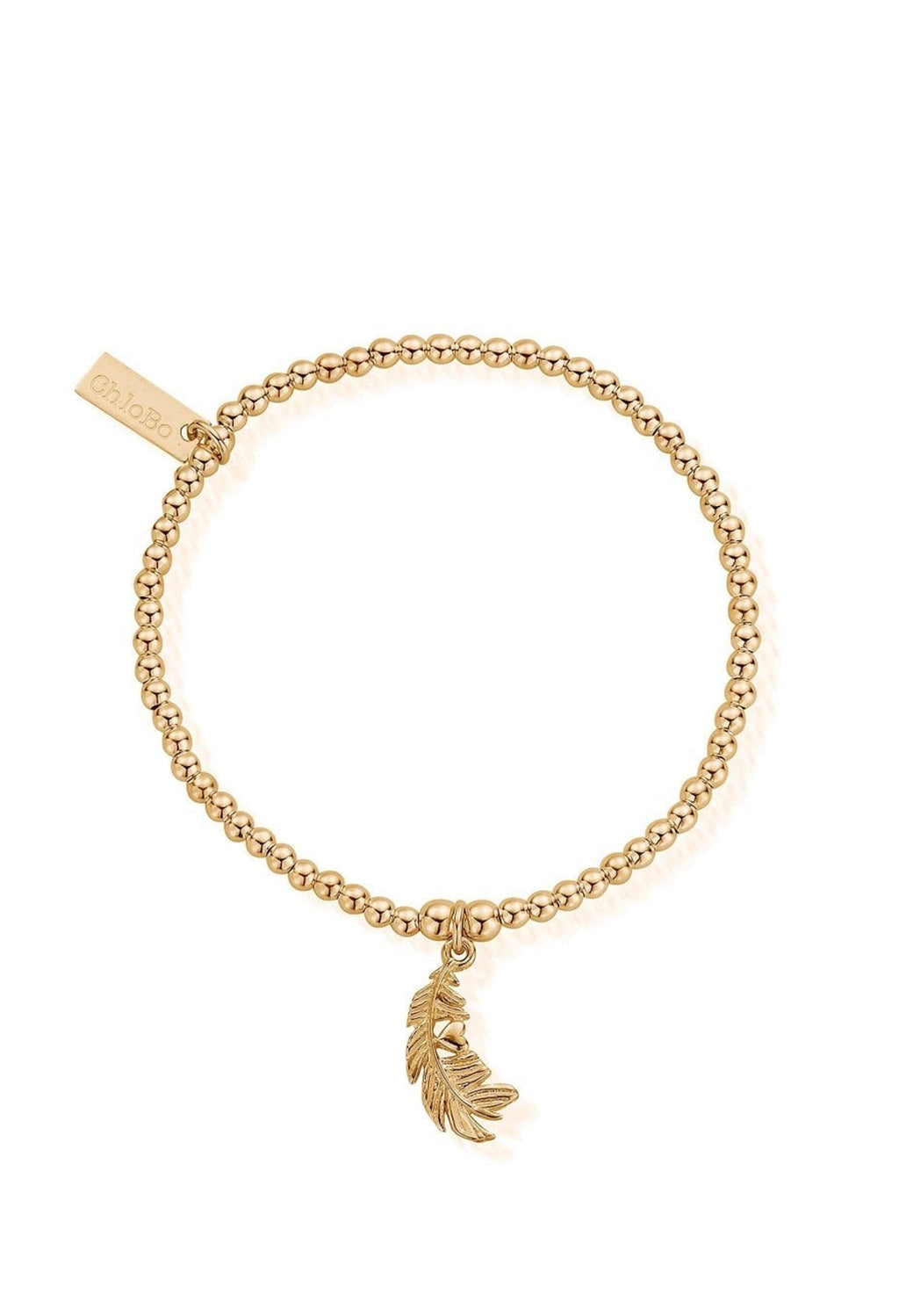 ChloBo bracelet: Gold-plated beaded bracelet with a delicate feather charm and ChloBo tag detail.