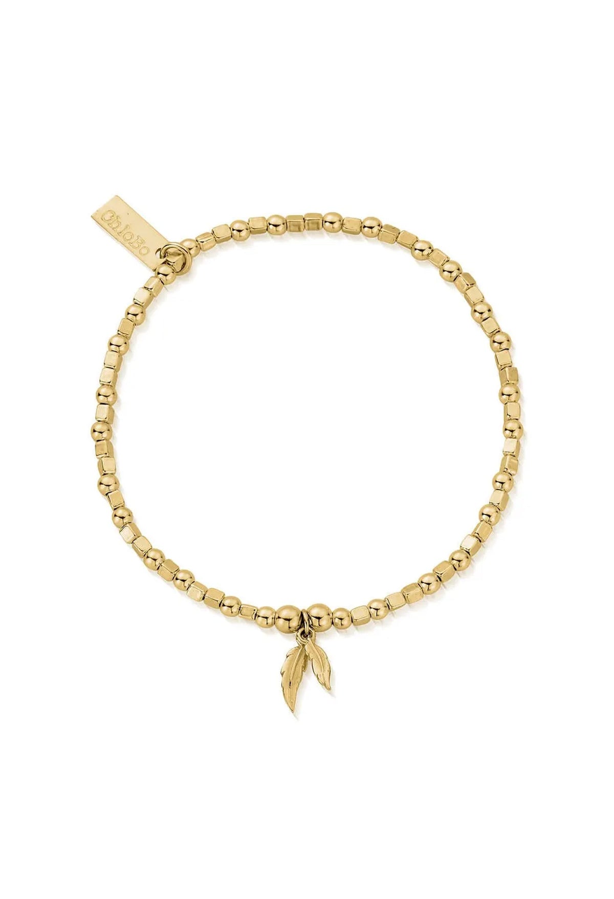 ChloBo gold plated bracelet featuring alternating mini cubes and beads with double feather charms.