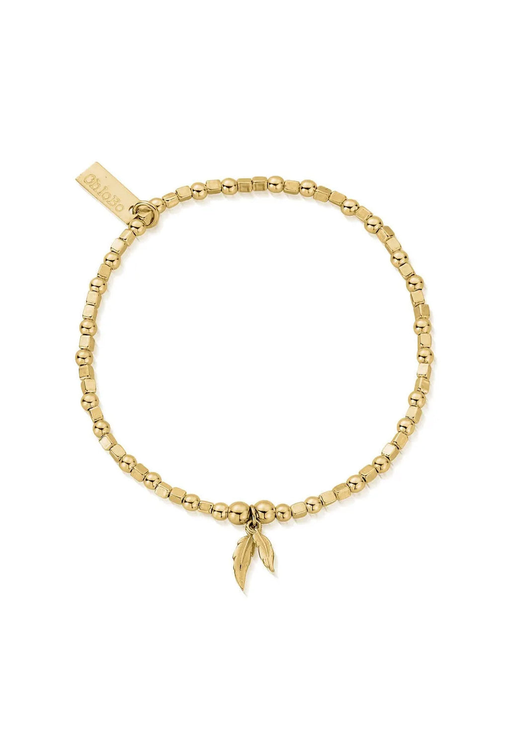 ChloBo gold plated bracelet featuring alternating mini cubes and beads with double feather charms.