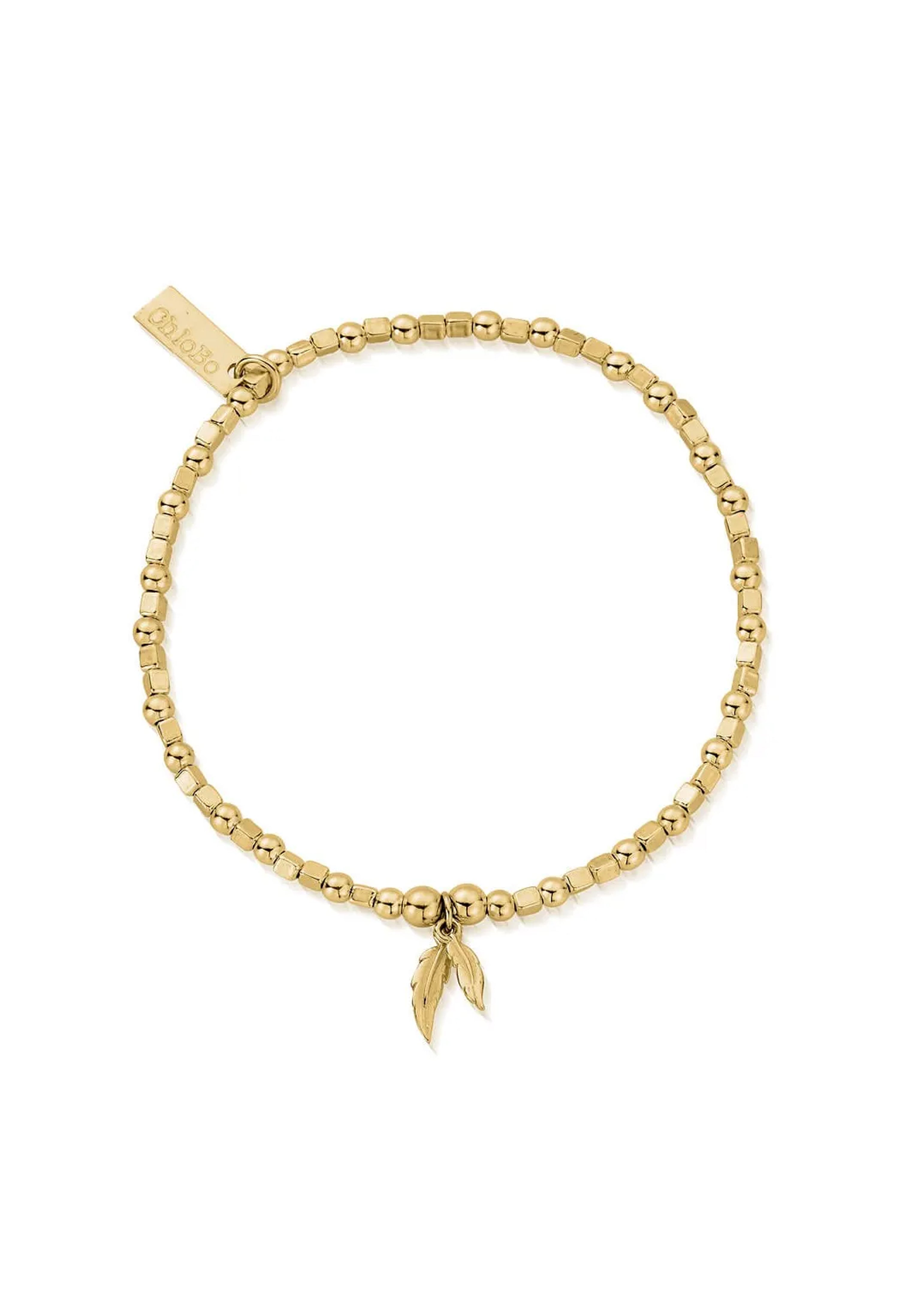 ChloBo gold plated bracelet featuring alternating mini cubes and beads with double feather charms.