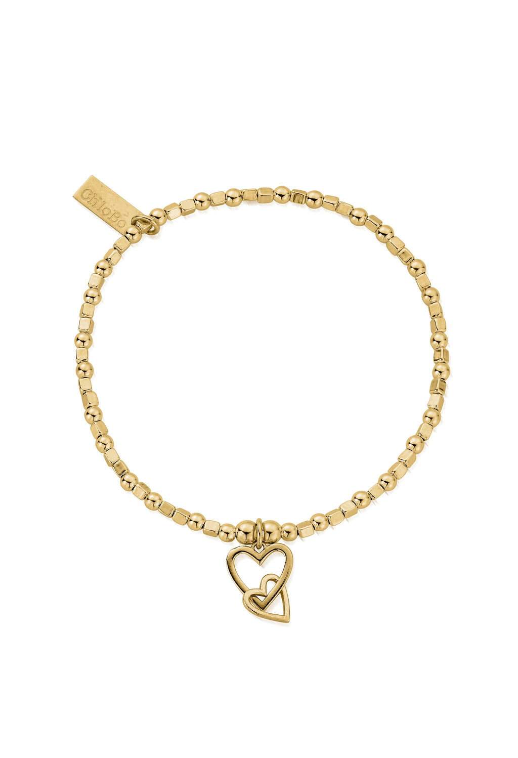 ChloBo gold-plated bracelet with interlocking love heart charm. Romantic jewelry gift idea for her.