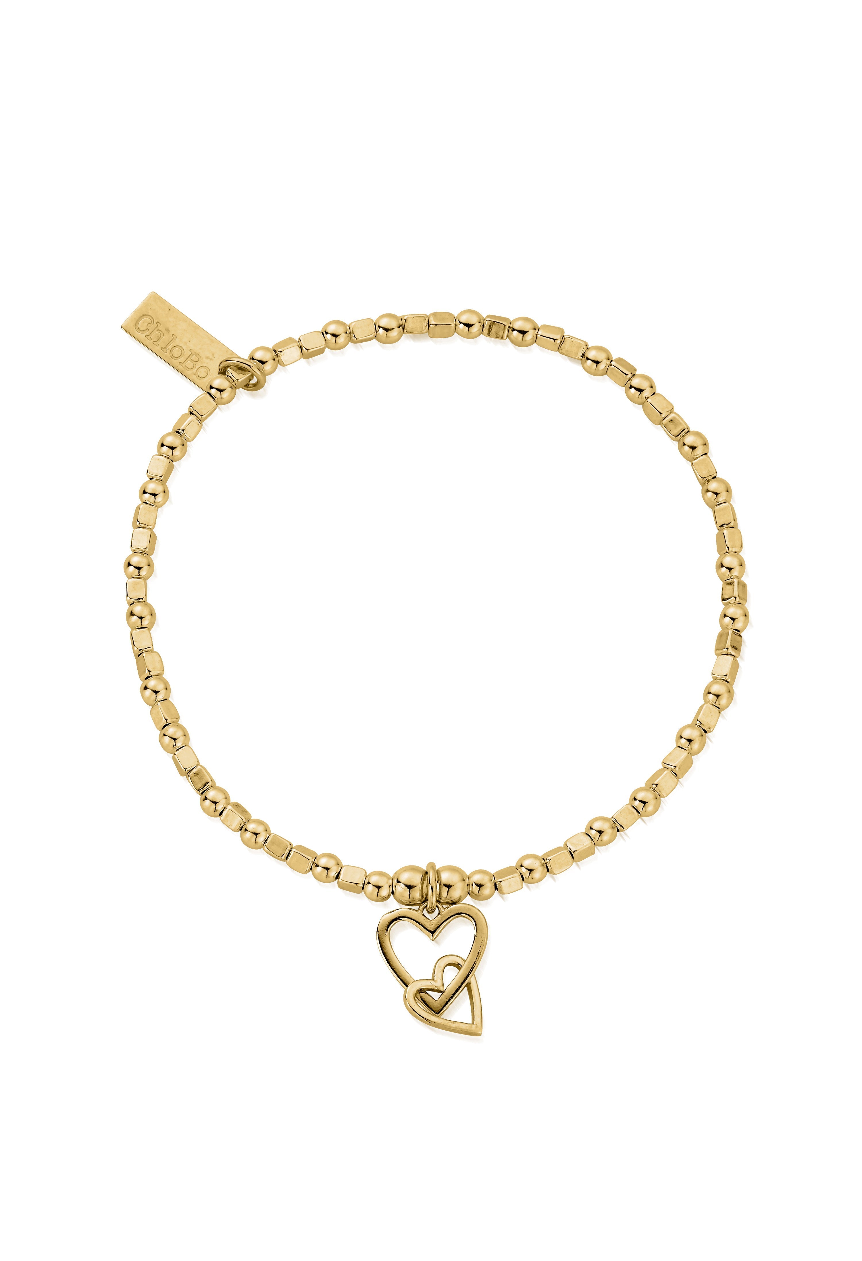 ChloBo gold-plated bracelet with interlocking love heart charm. Romantic jewelry gift idea for her.