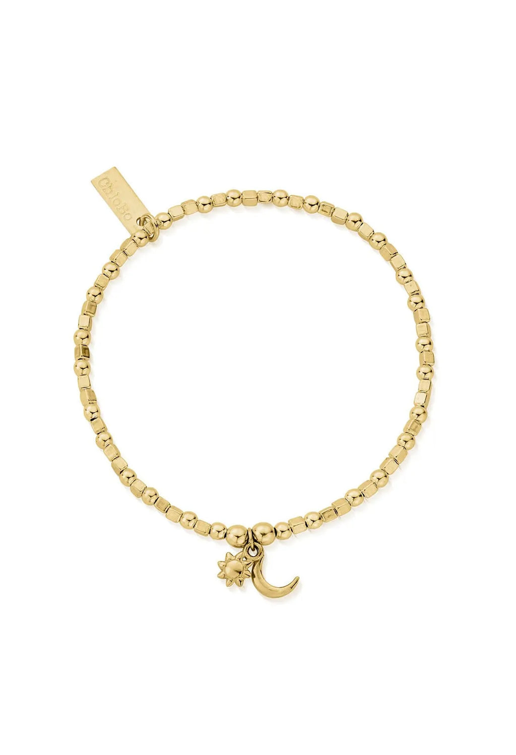 ChloBo Mini Cube bracelet, close-up. Gold-plated sun and moon charms detail the fine jewelry piece.