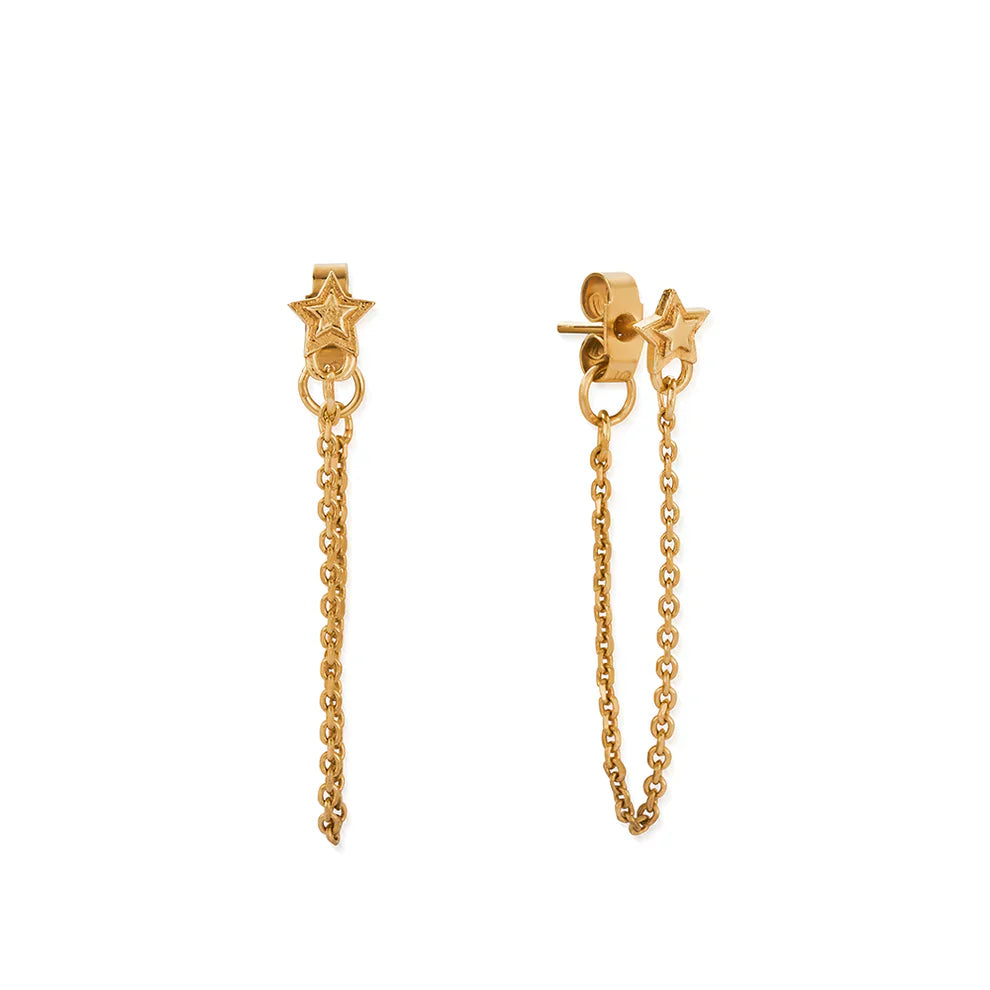 Elegant ChloBo gold plated stud earrings featuring a delicate star design & radiant chain detail. Jewellery fashion for