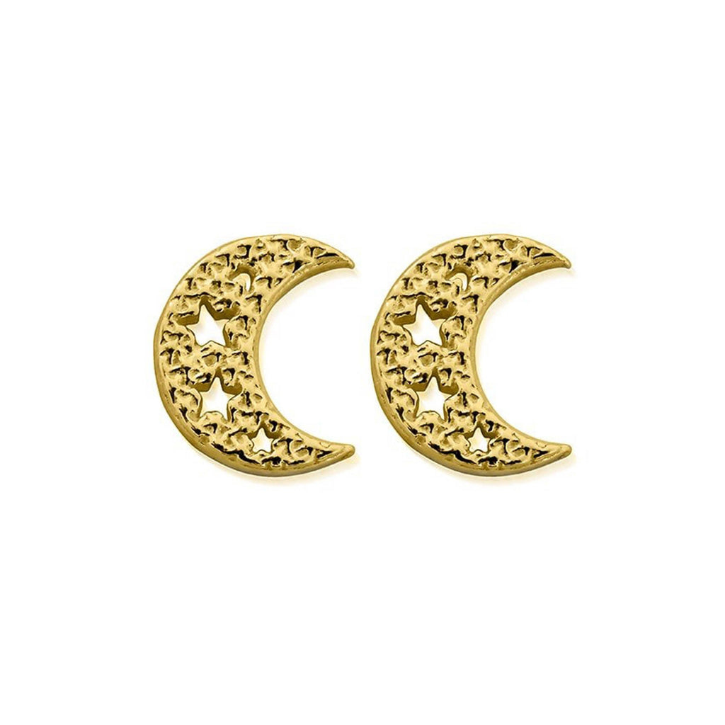 Close-up of Chlobo gold earrings, crescent moon design with star cutouts. Elegant jewelry showcasing celestial design.