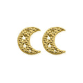 Close-up of Chlobo gold earrings, crescent moon design with star cutouts. Elegant jewelry showcasing celestial design.