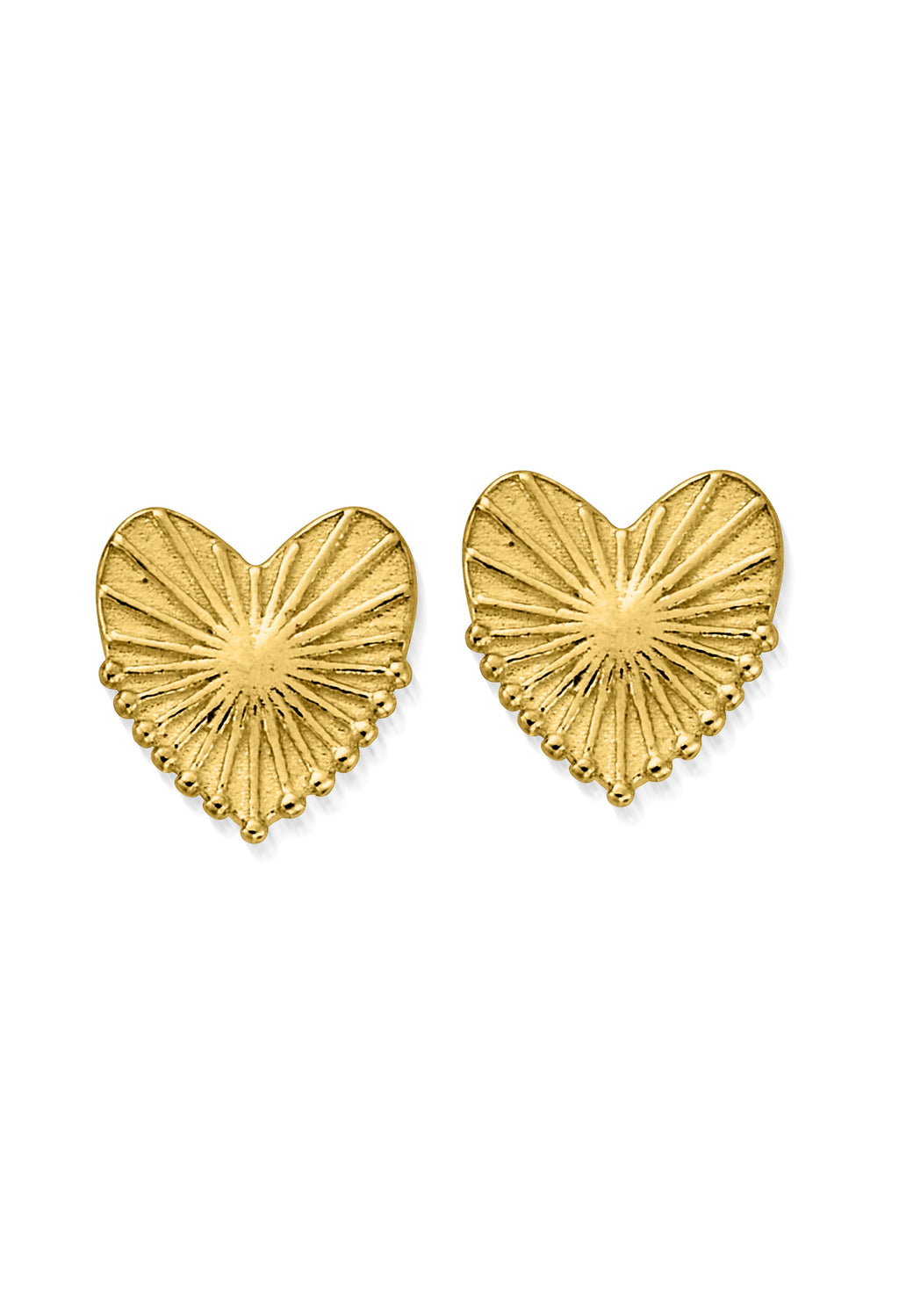 Close-up of ChloBo Glowing Beauty heart stud earrings, showcasing their radiant gold plated design & intricate detailing.
