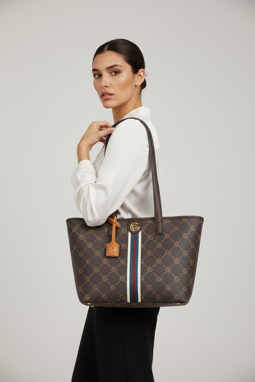 Women's Gabriella G Tiziana Strip Monogram Shopping Bag Brown