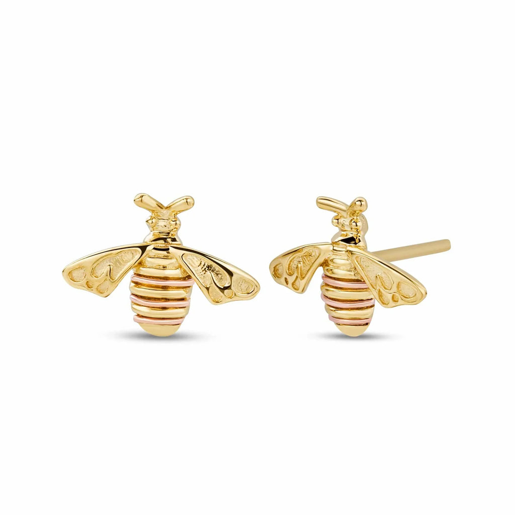 Gold bee earrings with striped accents.