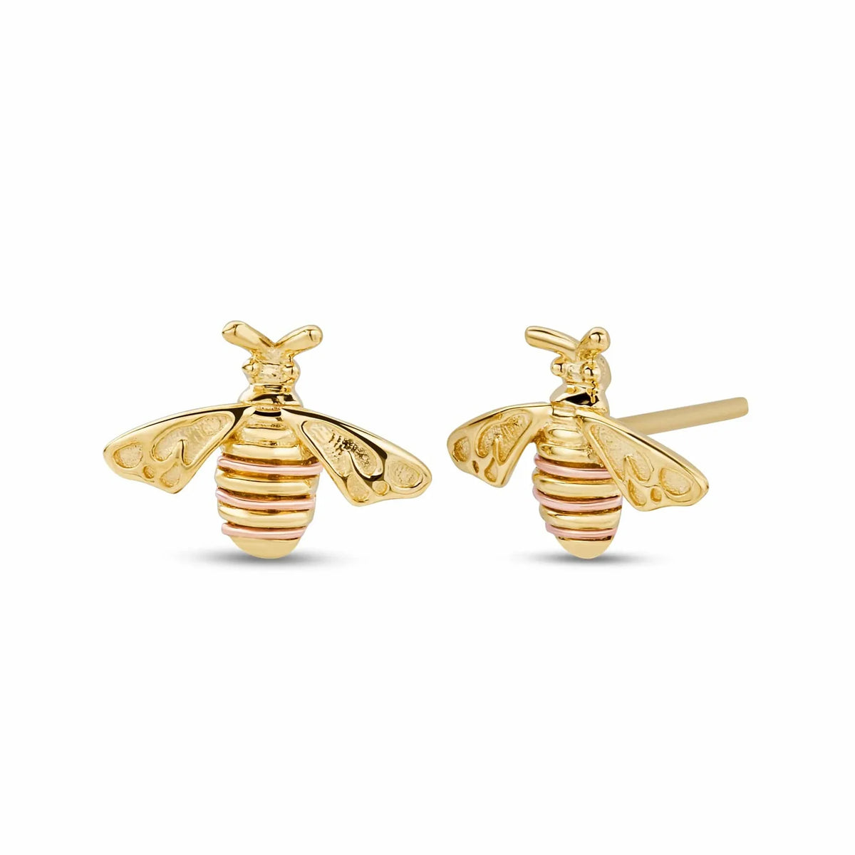 Gold bee earrings with striped accents.