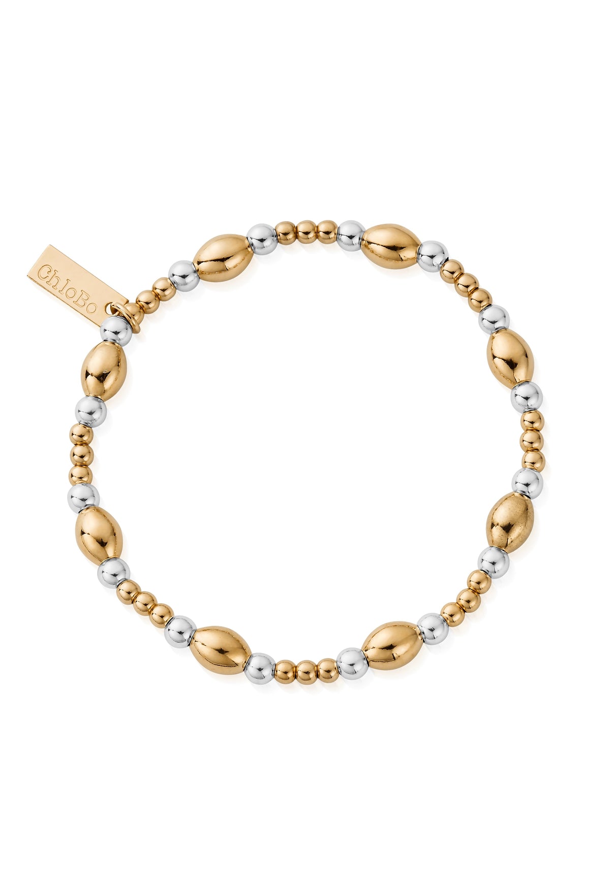 ChloBo gold and silver plated bracelet with oval beads and branded tag, showcasing jewelry design.