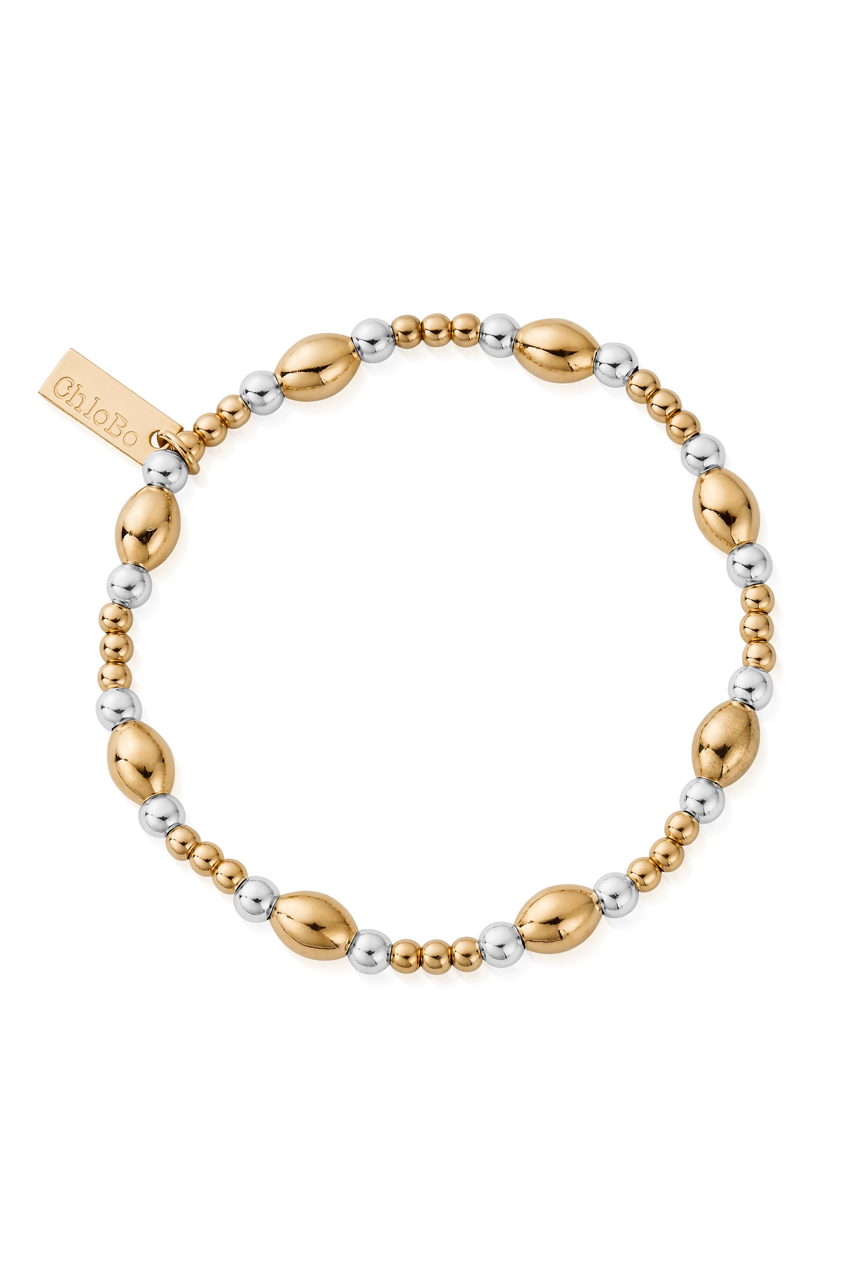 ChloBo gold and silver plated bracelet with oval beads and branded tag, showcasing jewelry design.