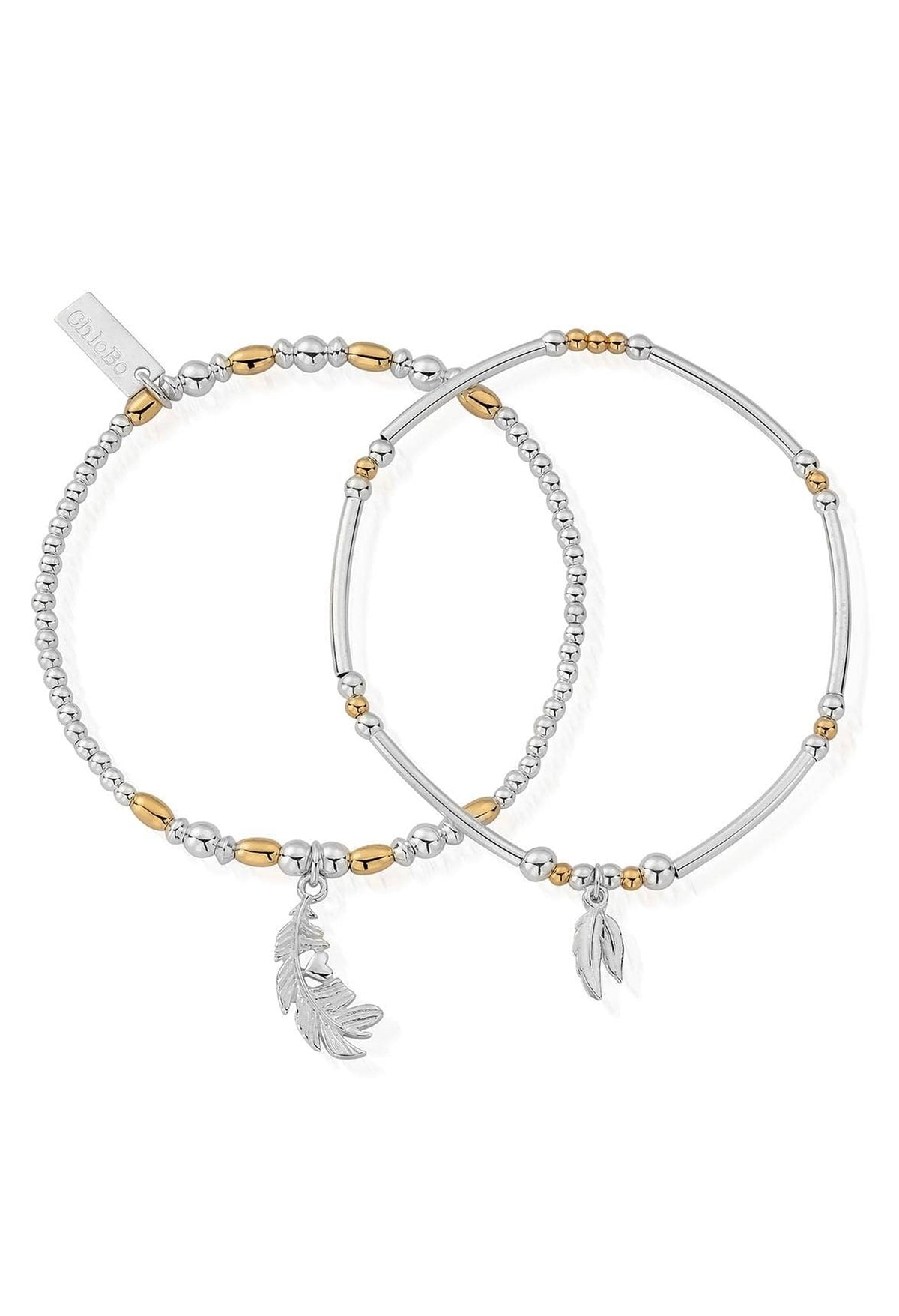 ChloBo bracelets set; silver & rose gold beads with feather charms symbolizing strength and courage.