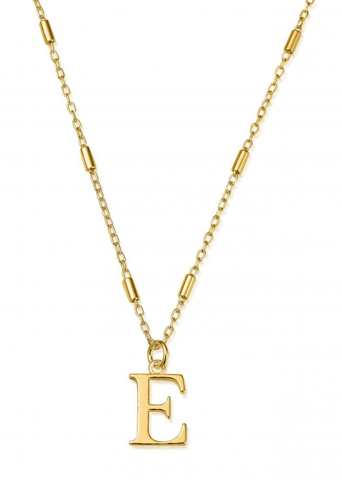 Close-up of the ChloBo Iconic Initial E pendant necklace in gold plating, showcasing the initial charm and chain detail.